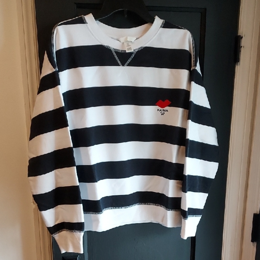 H&M Black and White Striped Sweatshirt with Red Accent